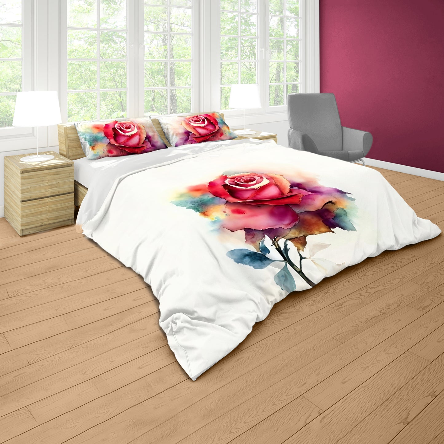 Watercolour Painted Rose Duvet Cover Set