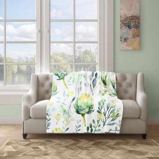 Watercolour Floral Artichokes Light Weight Fleece Blanket by Wikus Schalkwyk