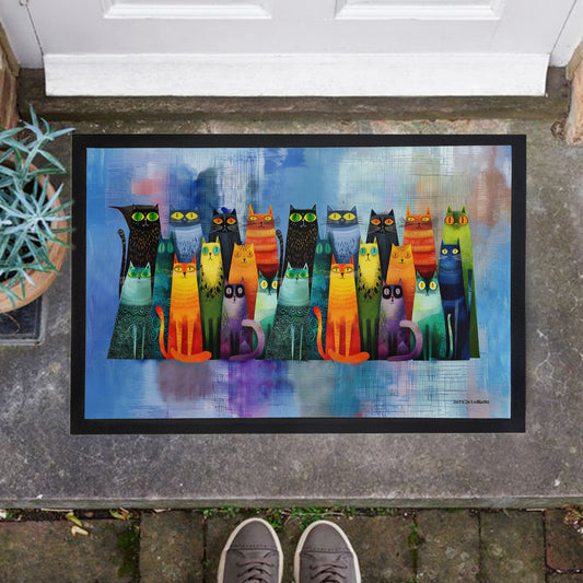 Whimsical Feline Spectrum Door Mat by Wikus Schalkwyk