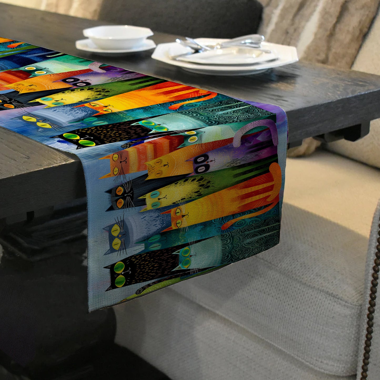 Whimsical Feline Spectrum Table Runner by Wikus Schalkwyk