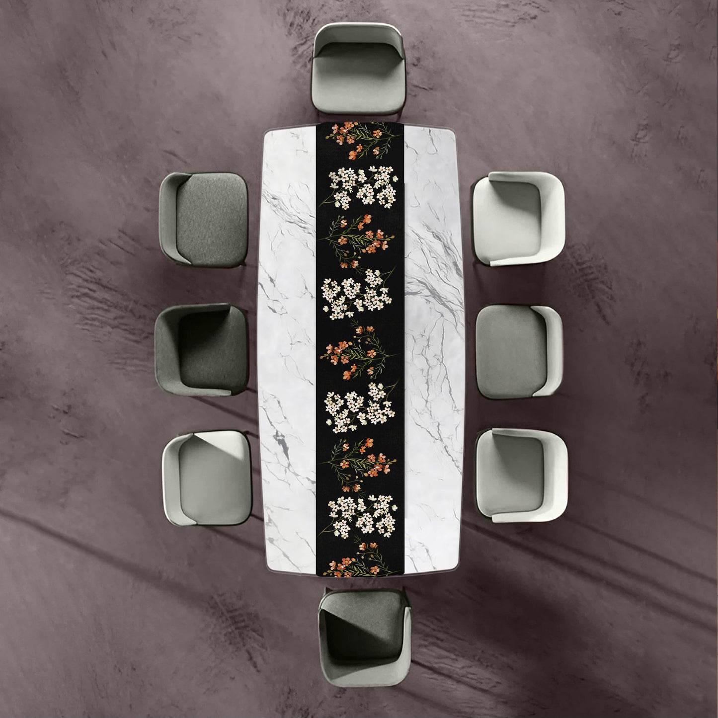 White And Peach Floral On Black Table Runner by Mark van Vuuren