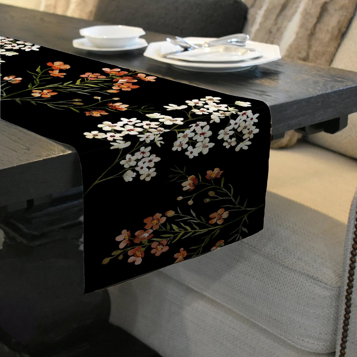White And Peach Floral On Black Table Runner by Mark van Vuuren