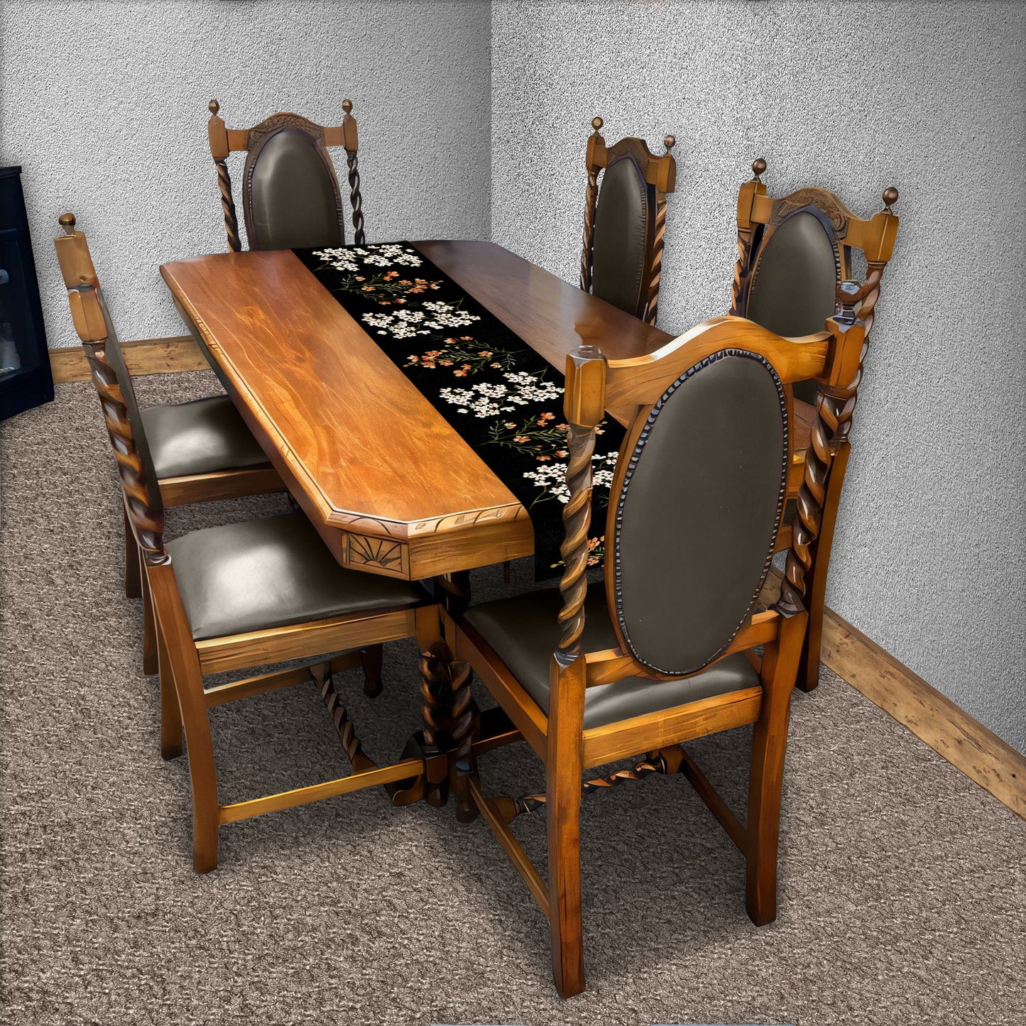 White And Peach Floral On Black Table Runner by Mark van Vuuren