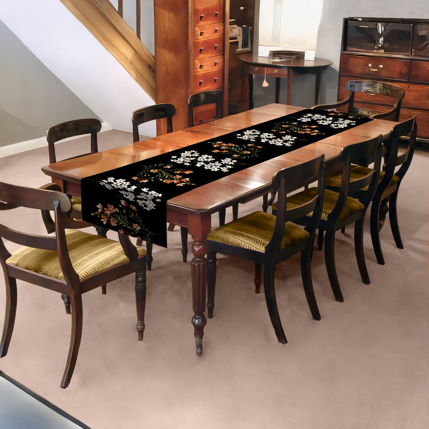 White And Peach Floral On Black Table Runner by Mark van Vuuren