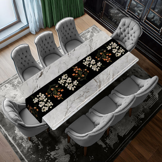 White And Peach Floral On Black Table Runner by Mark van Vuuren