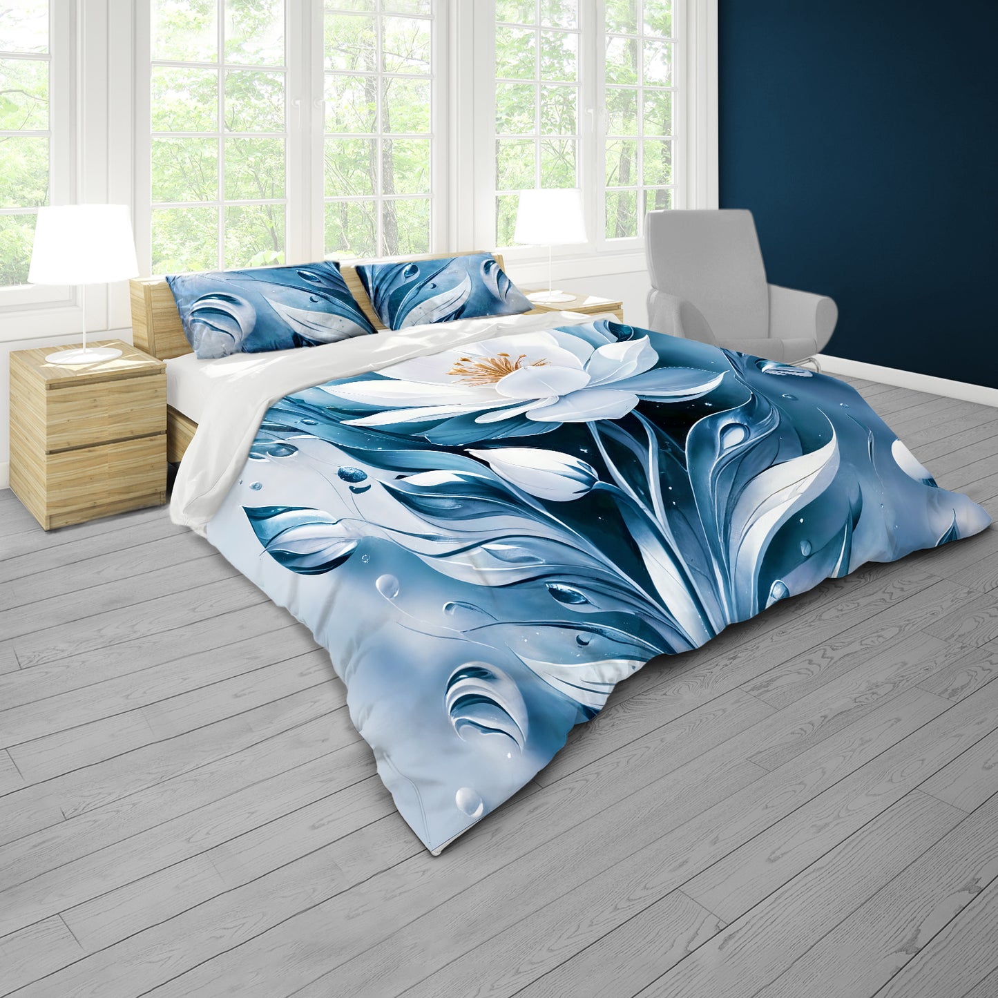 White Aqua Lotus Duvet Cover Set