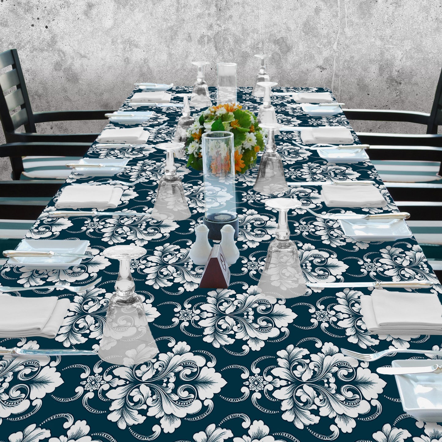 White Baroque Pattern on Deep Green 3m Rectangle Tablecloth