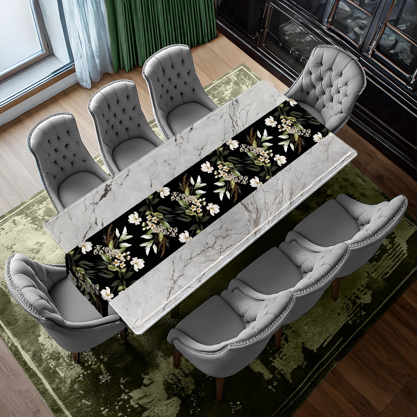 White Floral On Black Table Runner by Mark van Vuuren