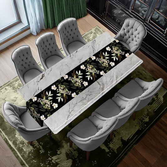 White Floral On Black Table Runner by Mark van Vuuren
