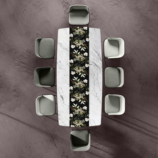 White Floral On Black Table Runner by Mark van Vuuren