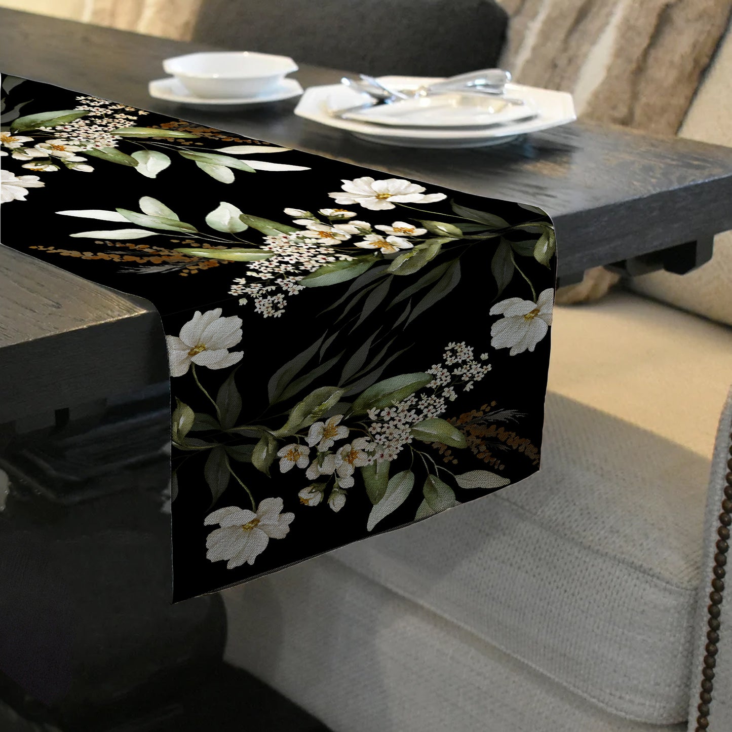 White Floral On Black Table Runner by Mark van Vuuren