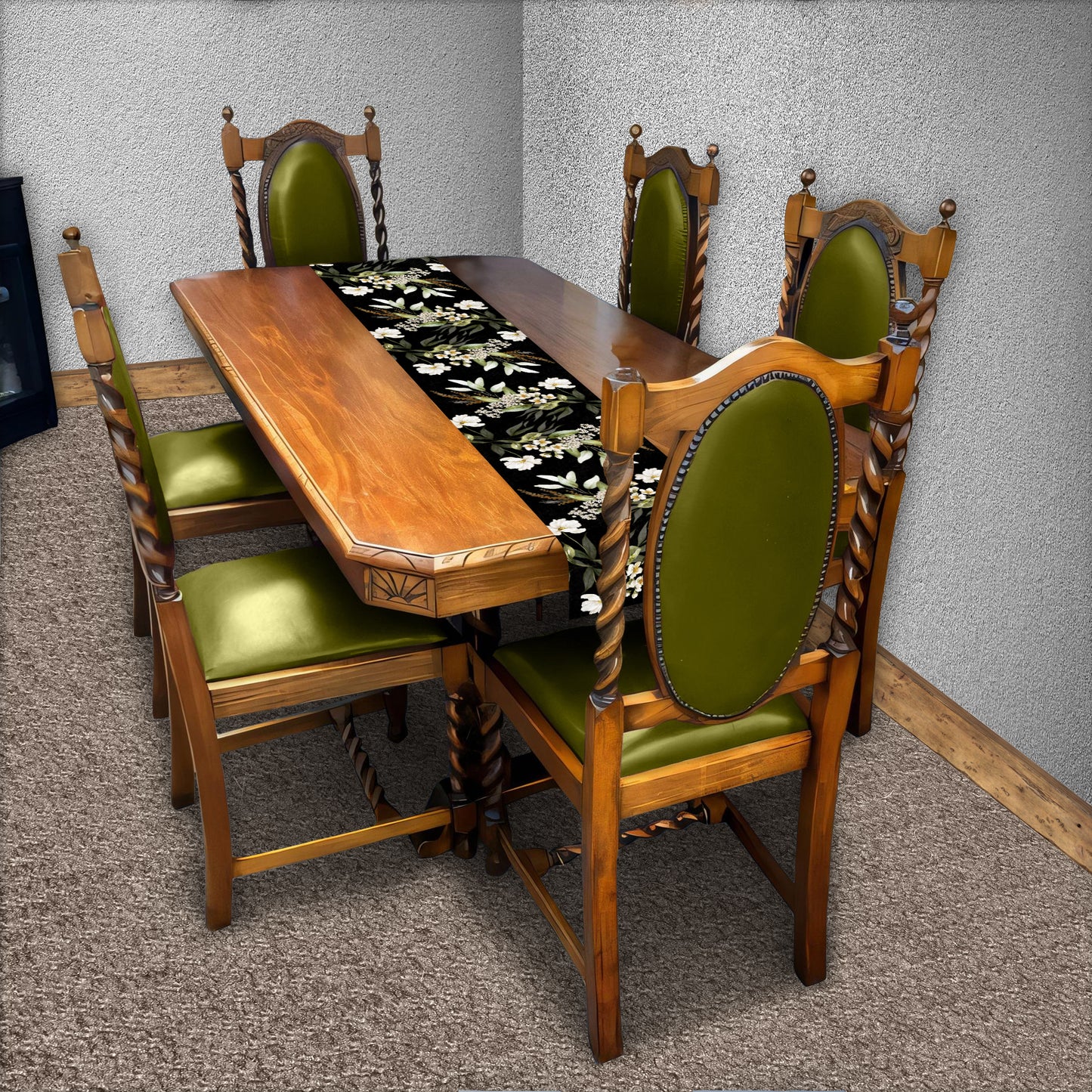 White Floral On Black Table Runner by Mark van Vuuren