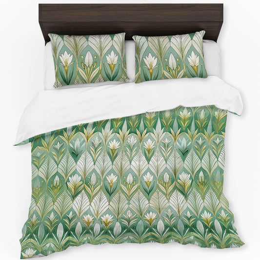White Lillies in Green Columns Duvet Cover Set