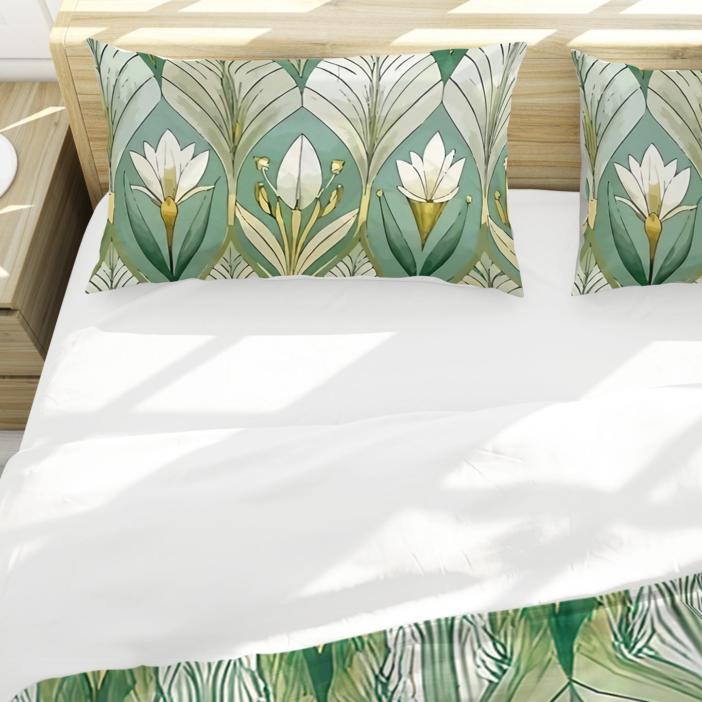 White Lillies in Green Columns Duvet Cover Set