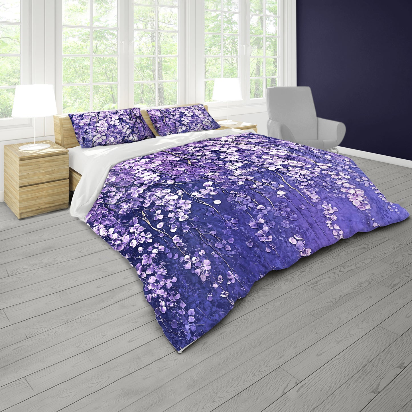 White On Purple Blossoms Duvet Cover Set