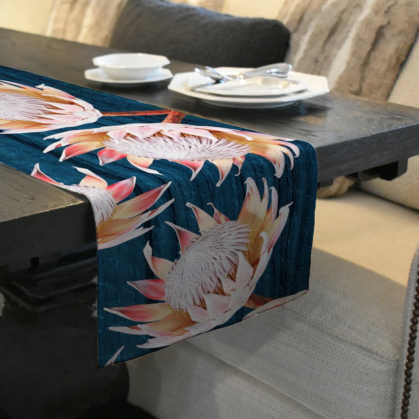 White Protea on Blue Background Table Runner By Mark van Vuuren