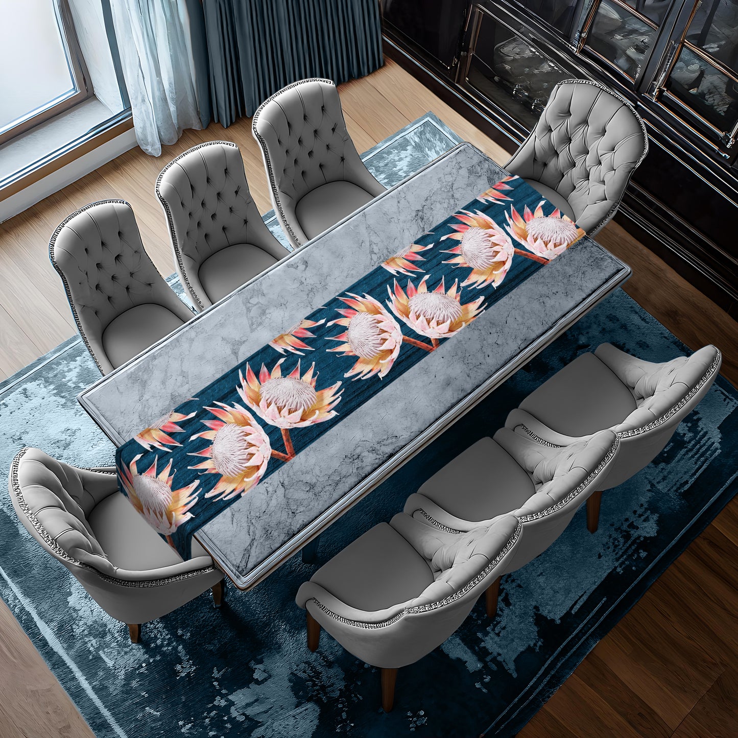 White Protea on Blue Background Table Runner By Mark van Vuuren