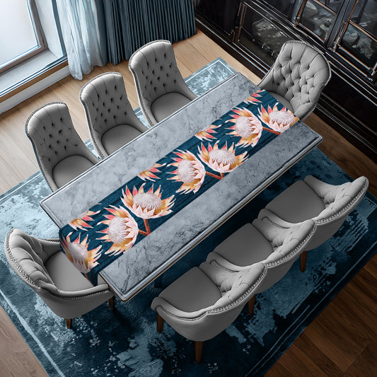 White Protea on Blue Background Table Runner By Mark van Vuuren