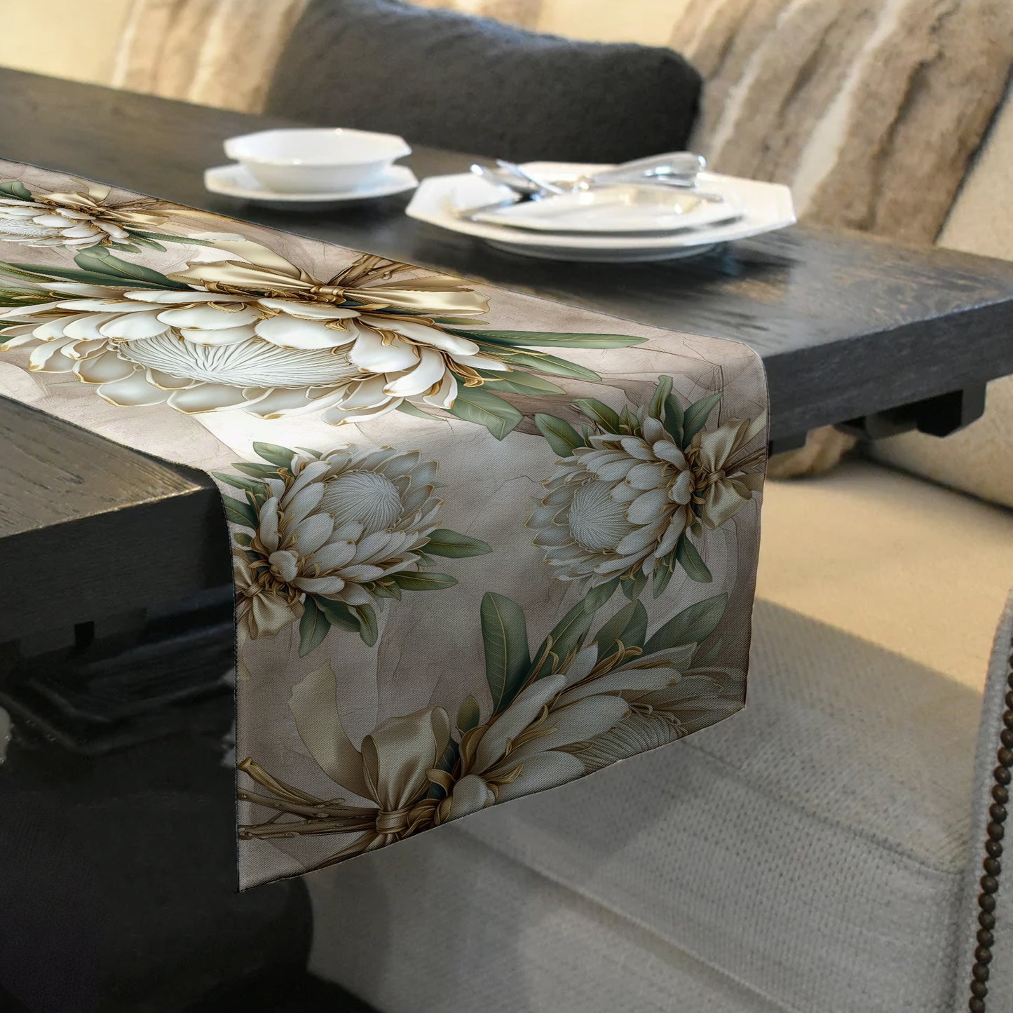 White Proteas Table Runner by Mark van Vuuren