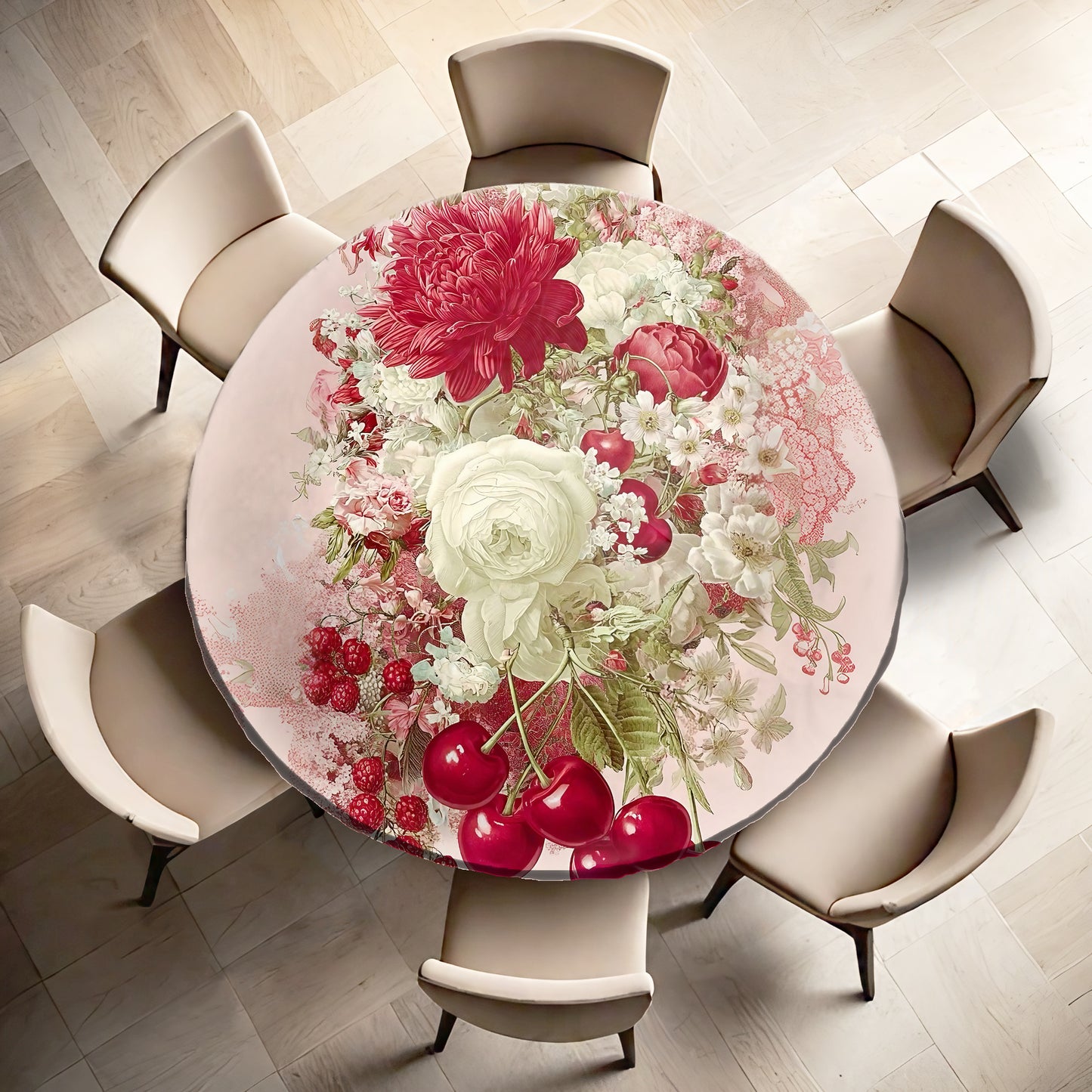 White Rose and Cherries Round Tablecloth