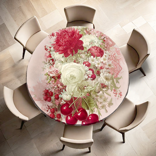 White Rose and Cherries Round Tablecloth