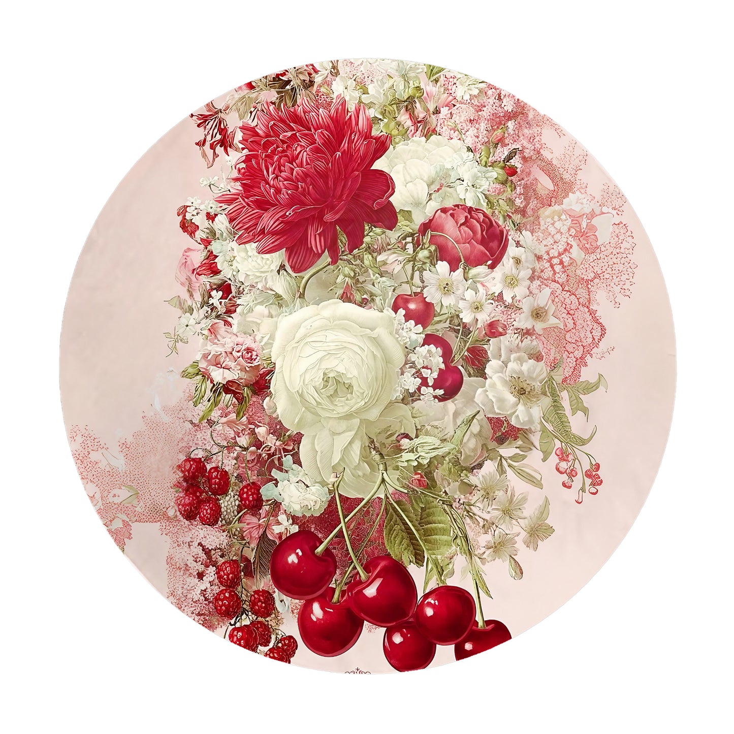 White Rose and Cherries Round Tablecloth