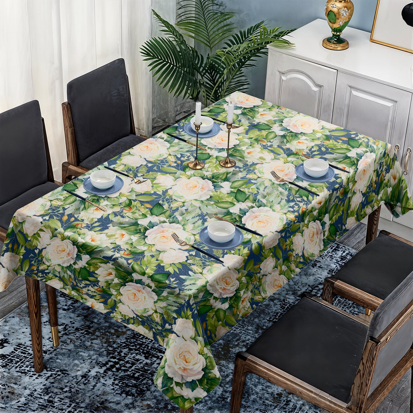 White Rose on Navy Rectangle Tablecloth by Mark Van Vuuren