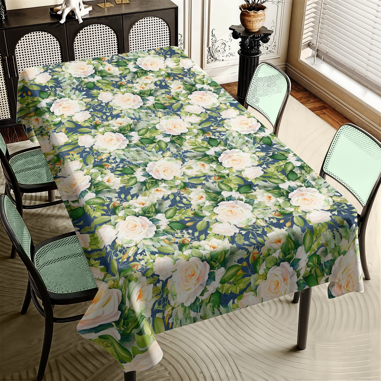 White Rose on Navy Rectangle Tablecloth by Mark Van Vuuren