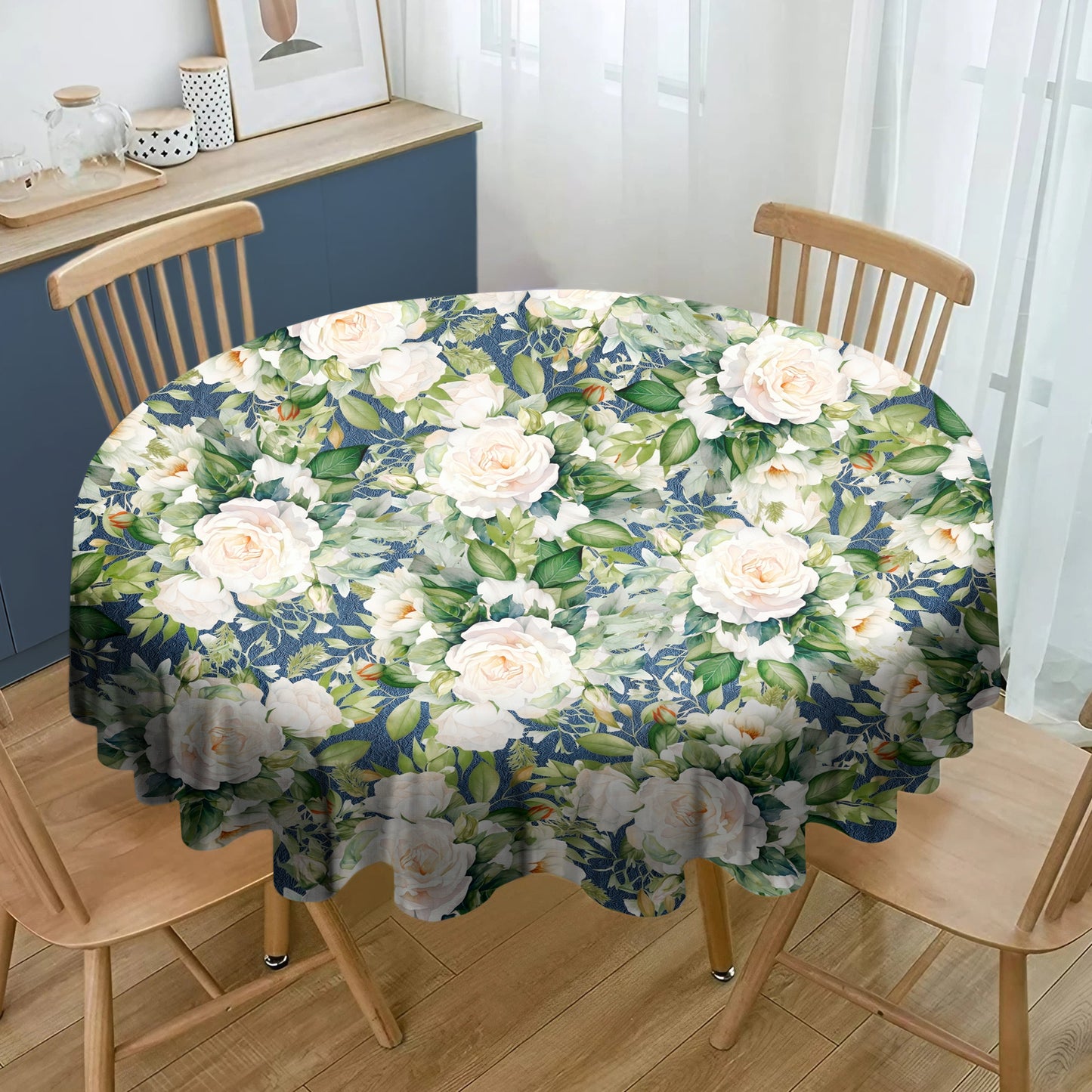 White Rose on Navy By Mark Van Vuuren Round Tablecloth