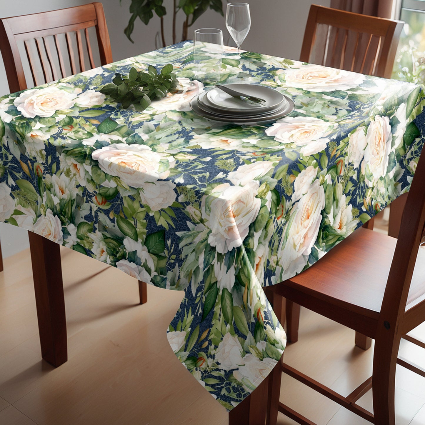 White Rose on Navy By Mark Van Vuuren Square Tablecloth