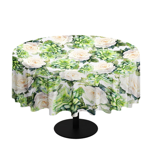 White Roses and Succulents By Mark Van Vuuren Round Tablecloth