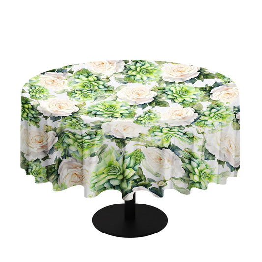 White Roses and Succlents By Mark Van Vuuren Round Tablecloth