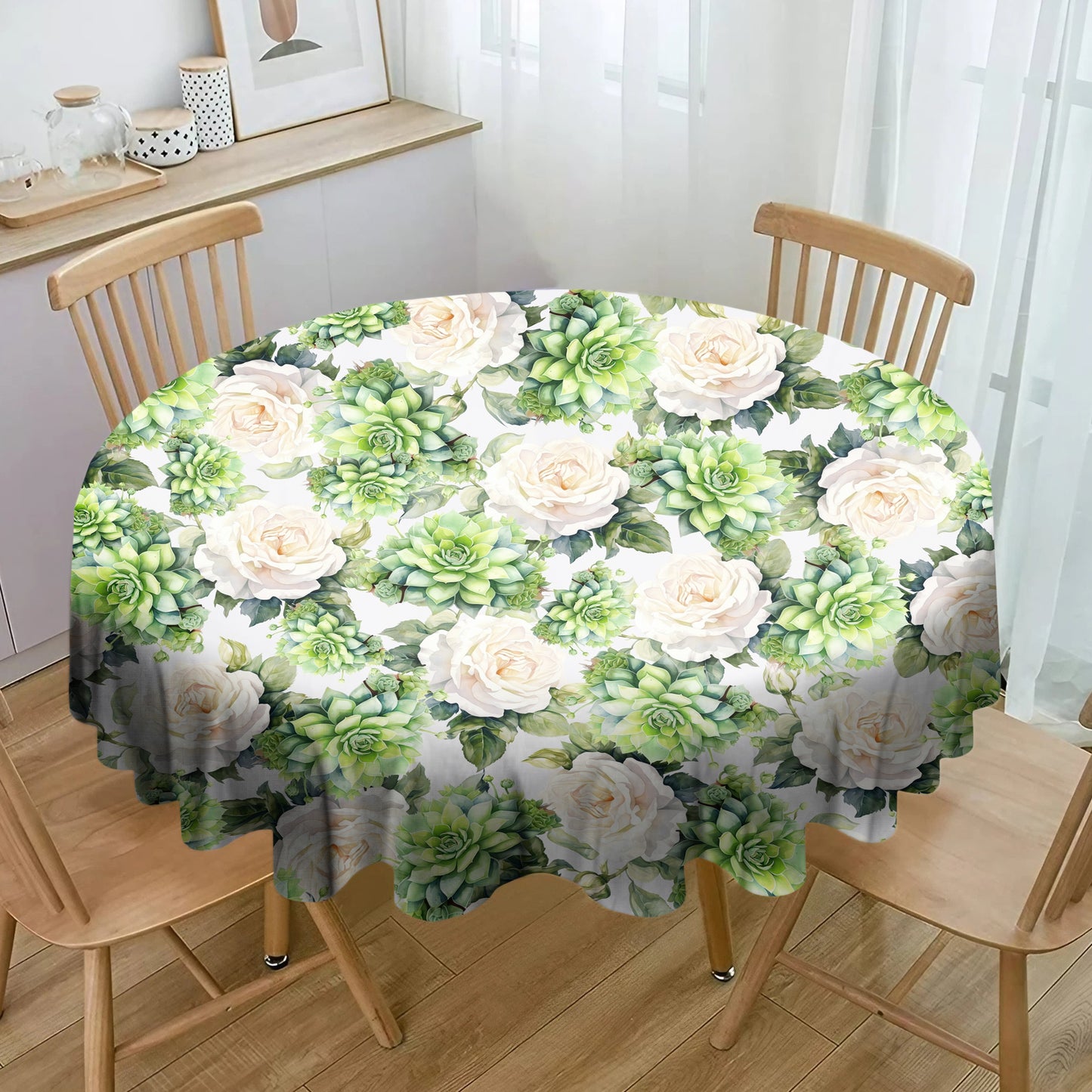 White Roses and Succulents By Mark Van Vuuren Round Tablecloth