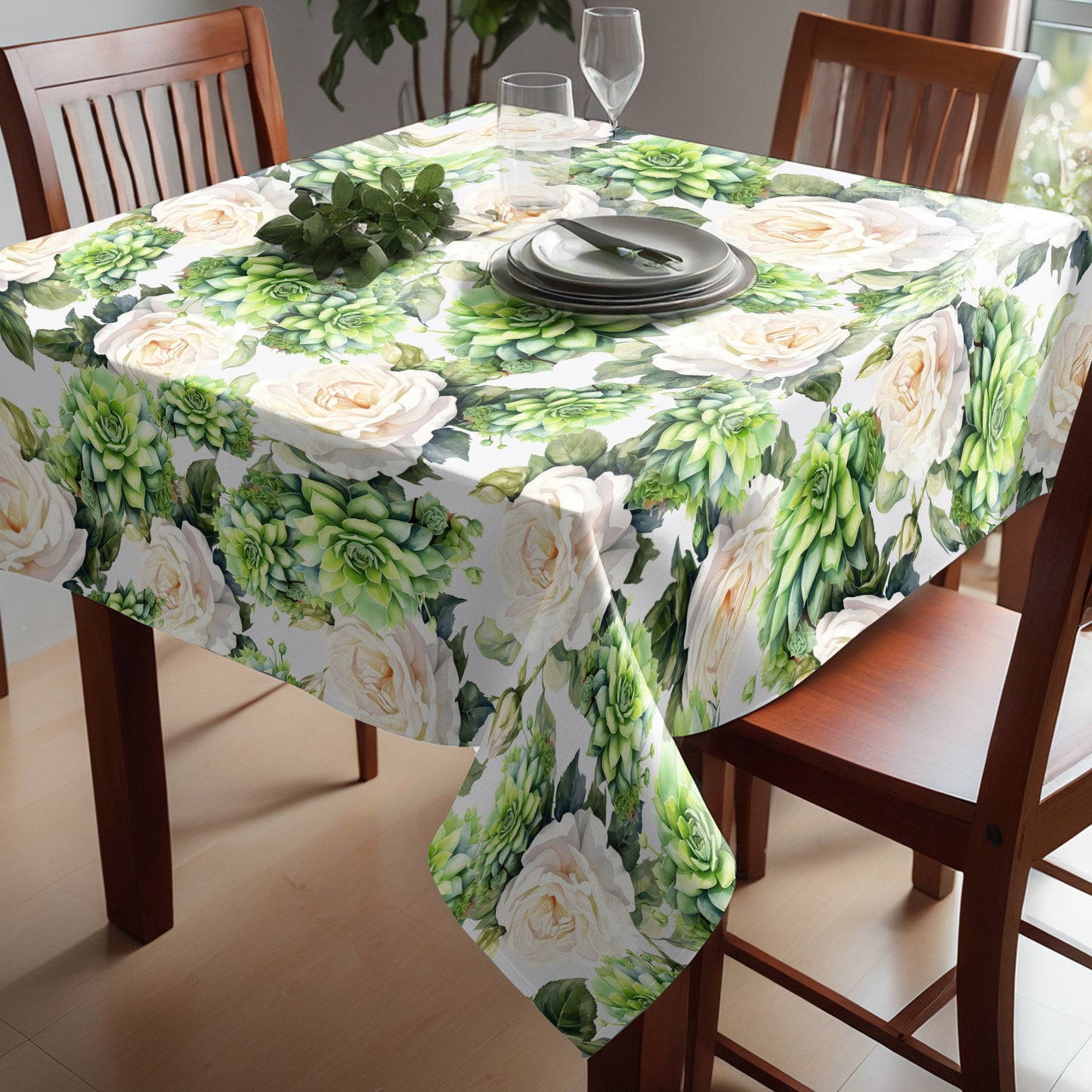 White Roses and Succlents By Mark Van Vuuren Square Tablecloth