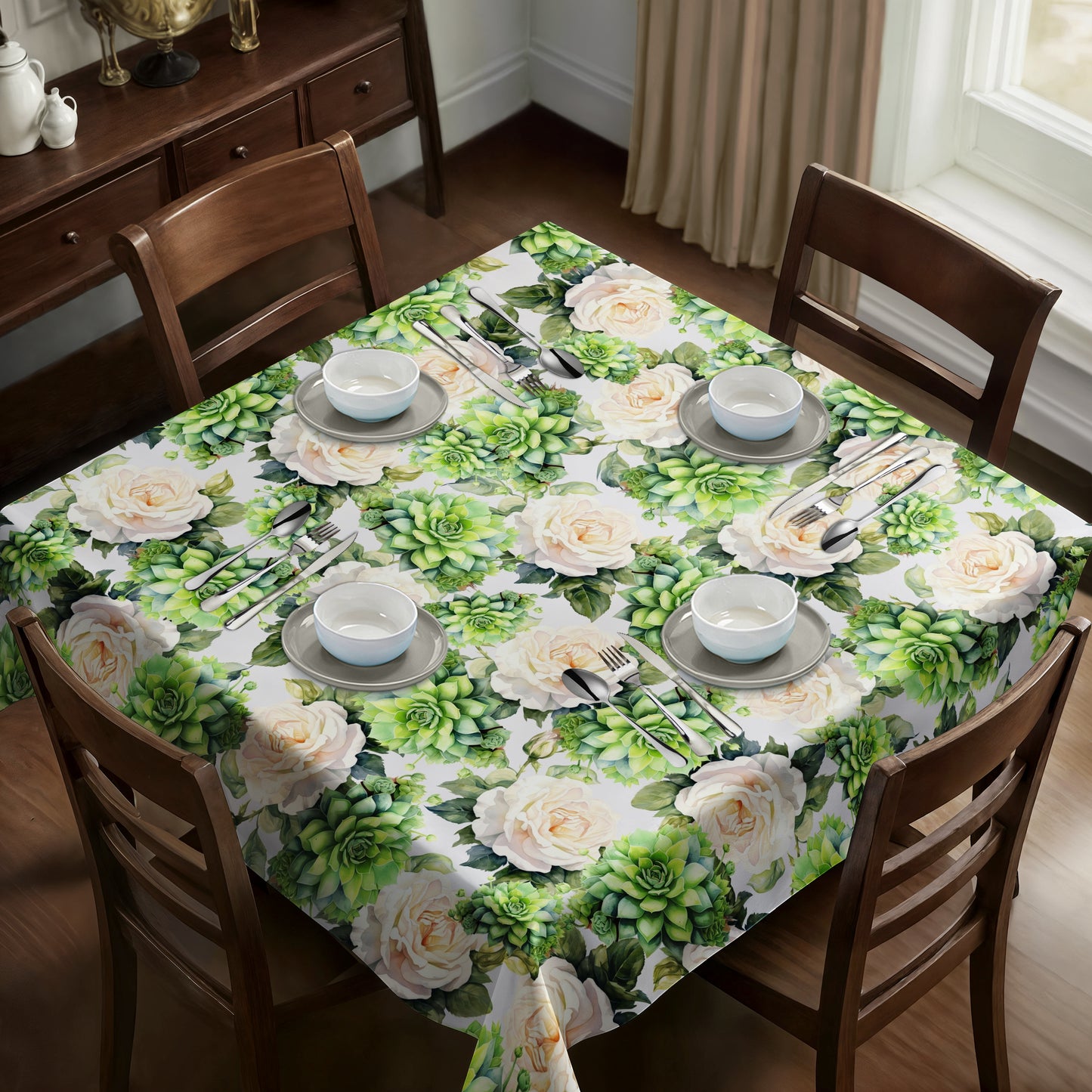 White Roses and Succulents By Mark Van Vuuren Square Tablecloth