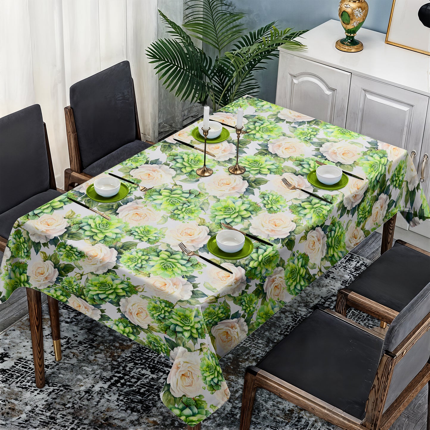 White Roses and Succulents Rectangle Tablecloth By Mark Van Vuuren