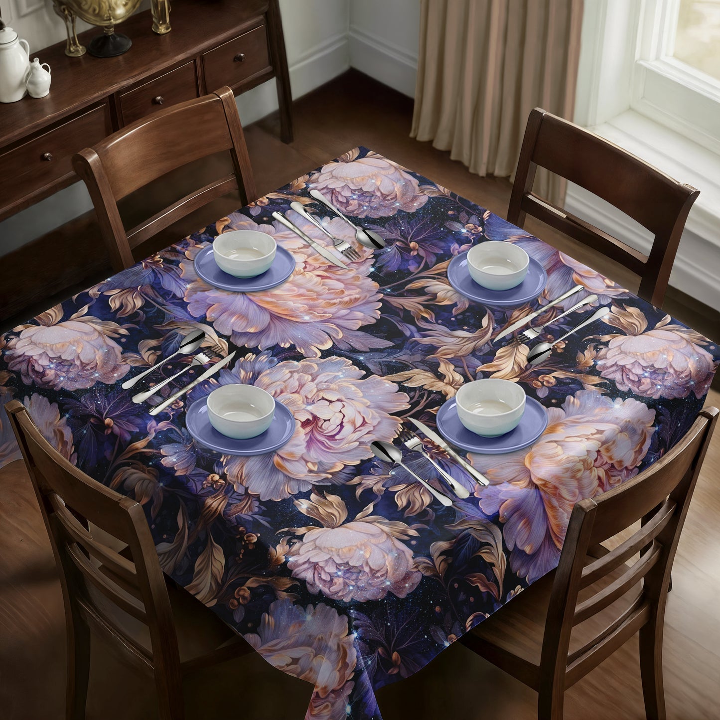 White Roses on Dark Blue Square Tablecloth