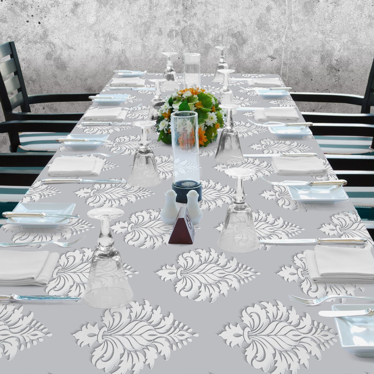 White Victorian Ornament on Grey 3m Rectangle Tablecloth