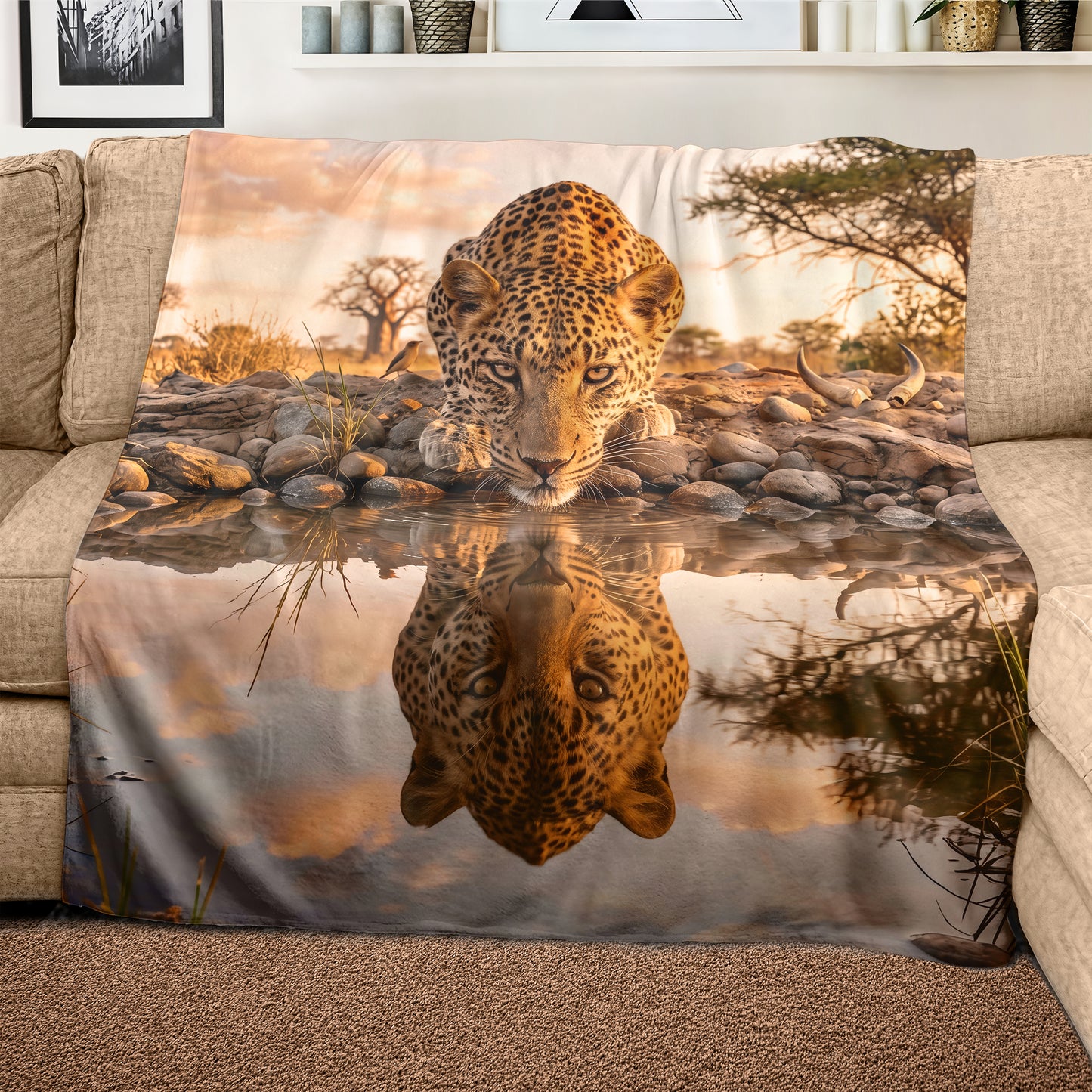 Wildlife Leopard's Reflection Light Weight Fleece Blanket