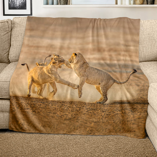 Wildlife Lion Cubs Playing Light Weight Fleece Blanket by Fanie Heymans