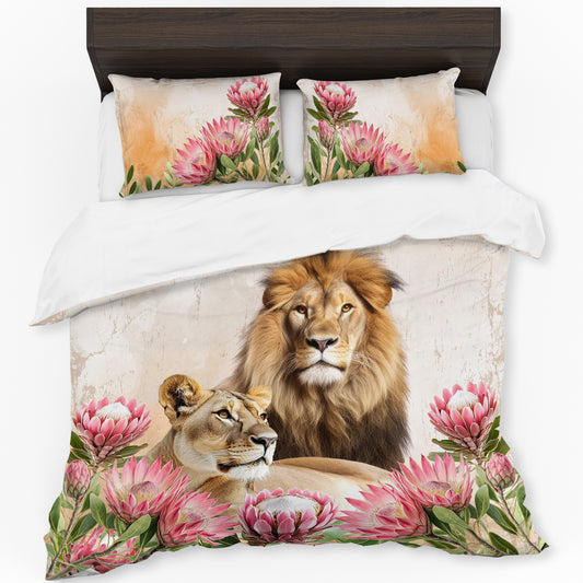 Wildlife Lions Crowned by Protea Duvet Cover Set