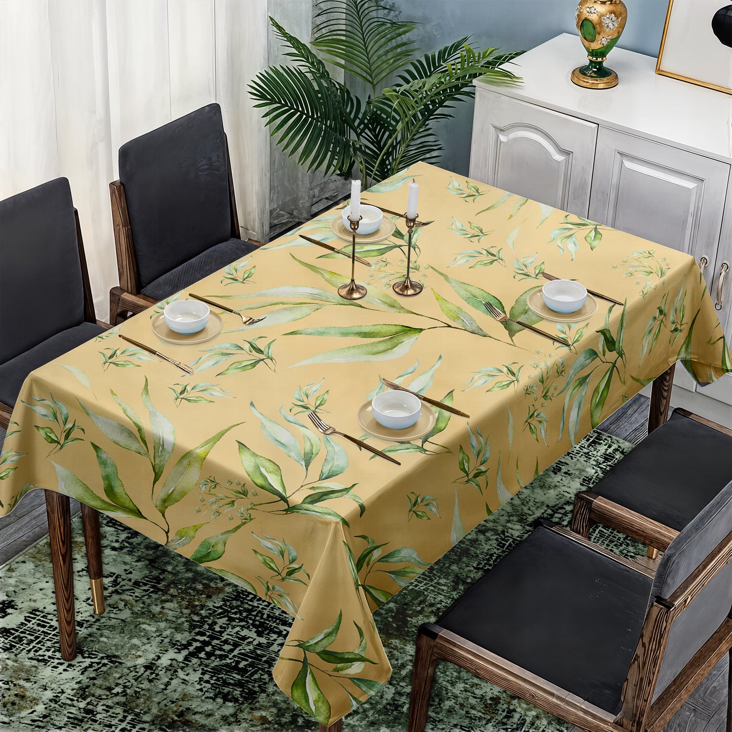 Yellow Tone Green Leaves Pattern Rectangle Tablecloth by Mark van Vuuren