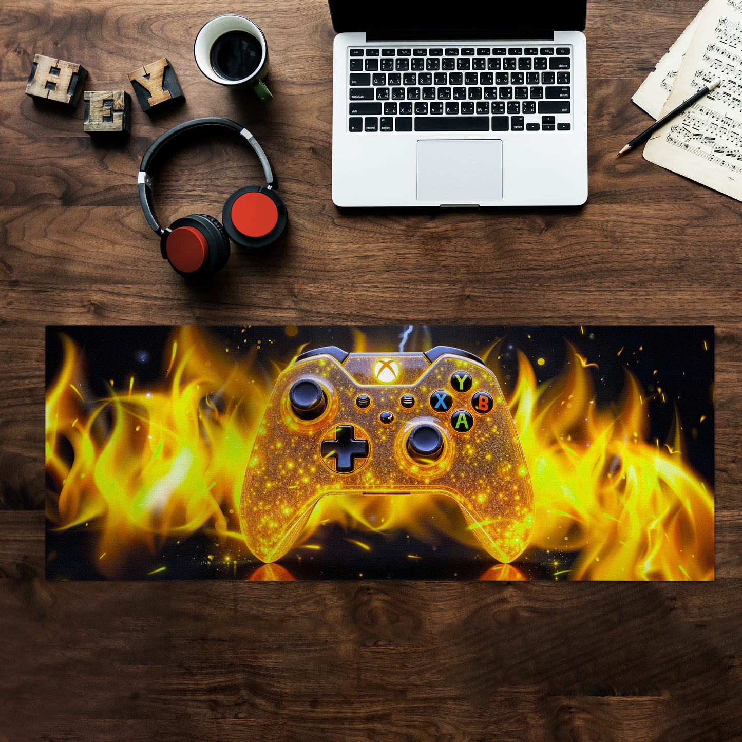 Yellow Xbox Controller Flames Desk Pad
