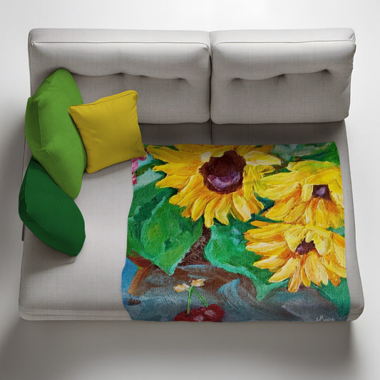 Sunflower Cherry Light Weight Fleece Blanket by Yolande Smith
