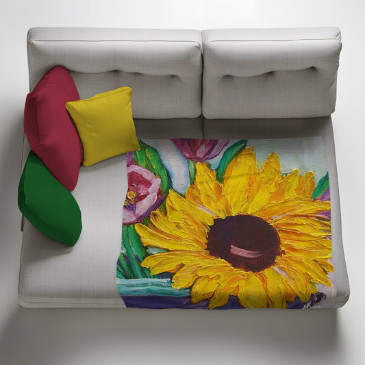 Sunflower with Poppies Light Weight Fleece Blanket by Yolande Smith