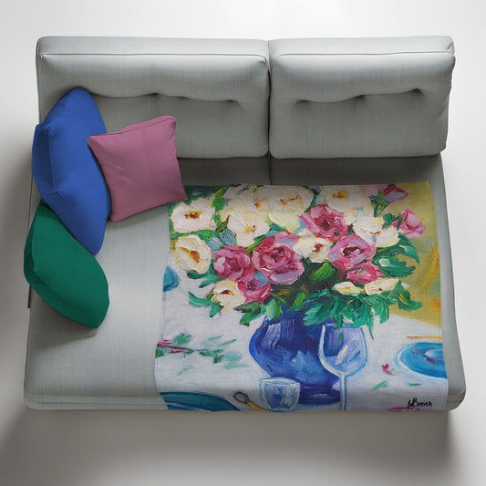 Table with Flowers Light Weight Fleece Blanket by Yolande Smith