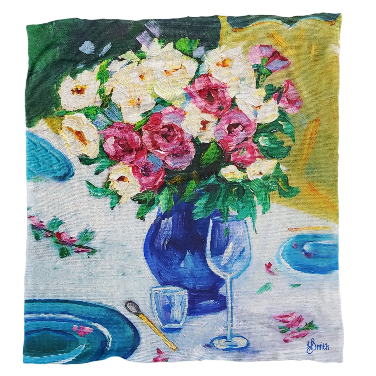 Table with Flowers Light Weight Fleece Blanket by Yolande Smith