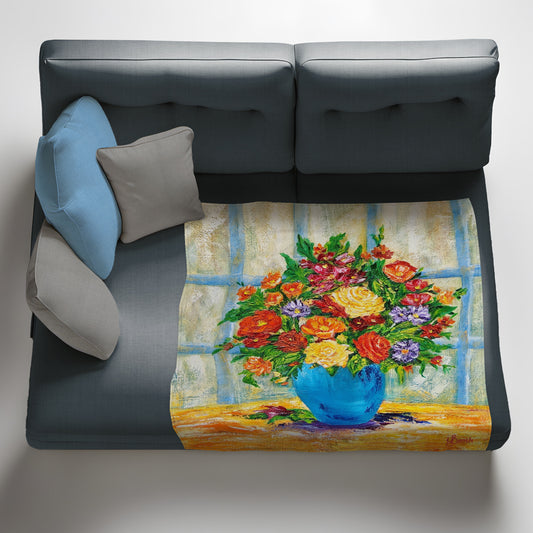 Autumn Florals in Blue Vase Light Weight Fleece Blanket by Yolande Smith