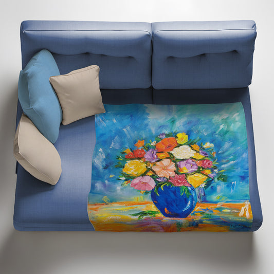 Potted Flowers in Blue  Light Weight Fleece Blanket by Yolande Smith