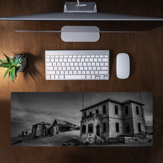 kolmanskop gost buildings black white Large Desk Pad By Fanie Heymans